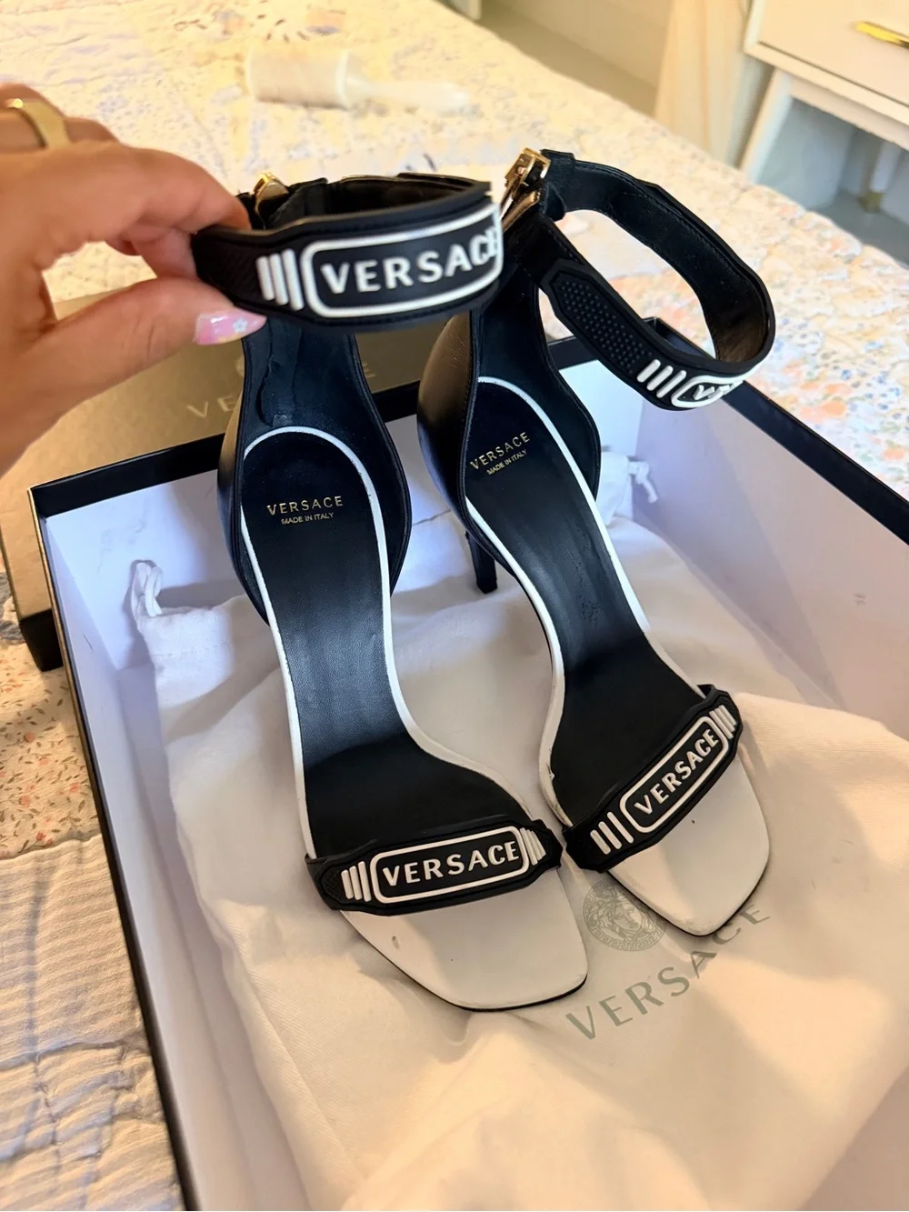 Versace Black and White Logo Ankle-Strap Heels